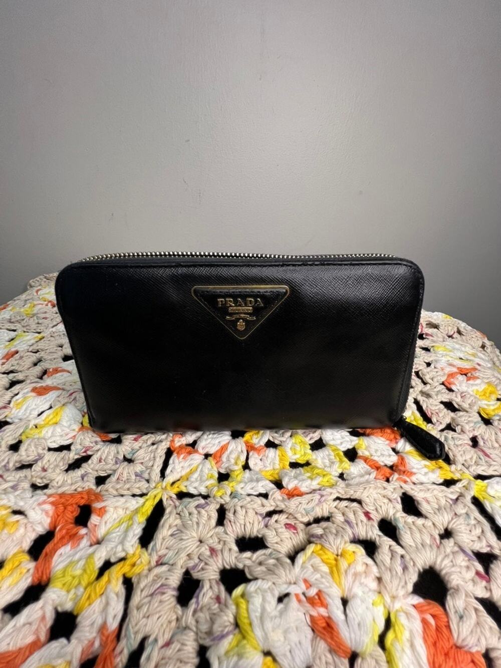 Prada Black Saffiano Leather Zip Around Continental Wallet Triangle Logo